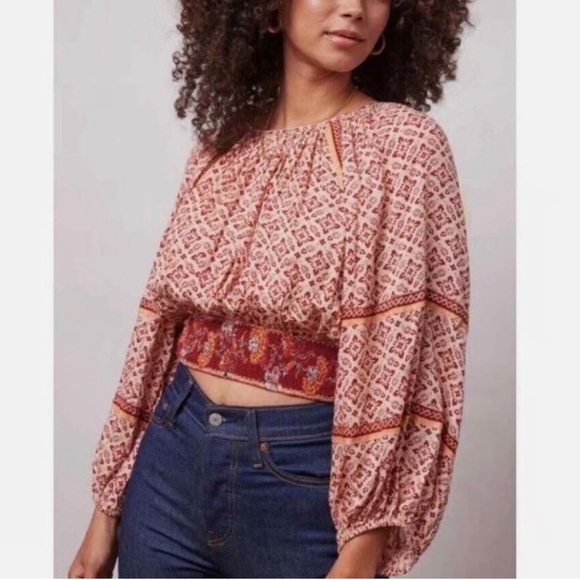 Patrons of Peace Adobe Tile Print Smocked Crop Balloon Sleeve Top - Picture 1 of 4